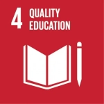 Dark red square with a white 4 in the upper left-hand corner. Quality Education, in white text, beside the number, and a book and pencil, white stencil style, is the focus art on the red background.