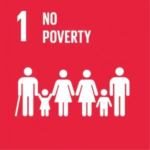 Red background. Number 1 in white in the upper left hand corner. Beside it text reads: No Poverty. Icons, in white clip art style, of adults and children are below the text. 