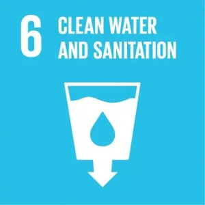 Bright blue background color. White number six top left. Text next to the number reads: Clean Water and Sanitation. Main image, center of blue background, is a cup with white liquid in it and a raindrop inside of that and an arrow pointing down and out of the cup. 