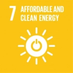 Bright yellow background. 7 in white in upper left hand corner. Affordable and clean energy beside the number. A white sun with a power button on it is the key art in the image.