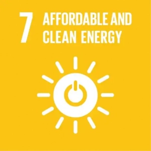 Bright yellow background. 7 in white in upper left hand corner. Affordable and clean energy beside the number. A white sun with a power button on it is the key art in the image.