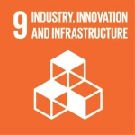 Orange square. 9 in white in the upper left hand corner. Text, white, beside the number reads: Industry, Innovation and Infrastructure. Primary art on the orange square is four cubes, 3 on bottom, one on top. The cubes are clear except for one side on three of them, which is white.