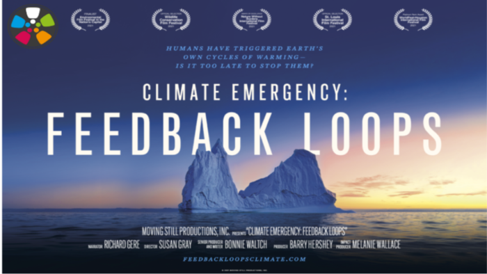 Photograph of iceberg with ocean surrounding. Text across the center reads: Climiate Emergency: Feedback Loops. Film credits across the bottom. Film Festival laurels across the top. Multicolored Journeys in Film logo.
