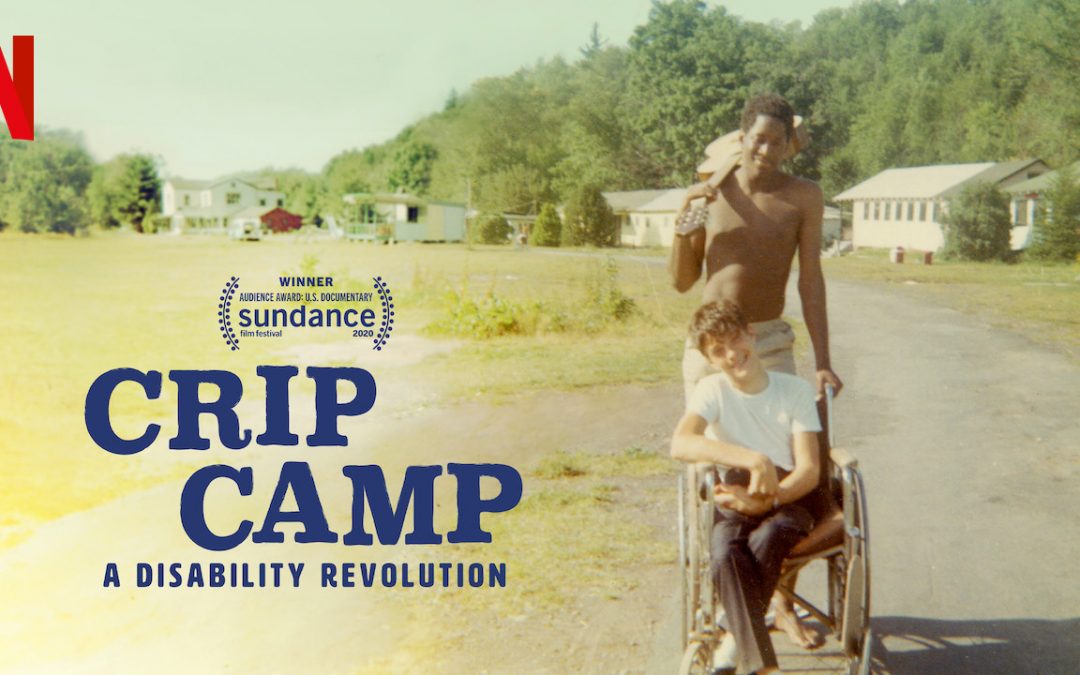 Film poster for Crip Camp featuring an image from the film and laurels
