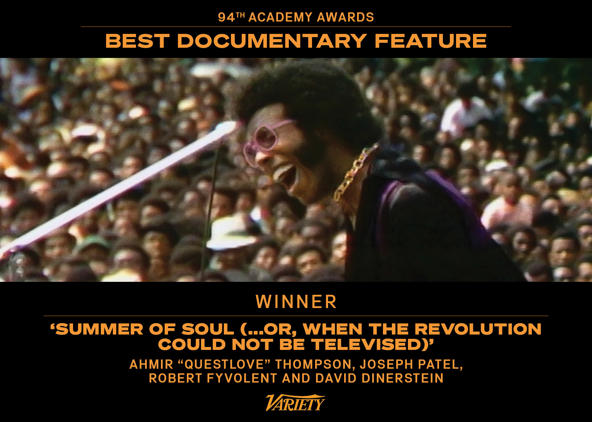 Performer image from the Harlem Cultural Festival with text above and below highlighting the Best Documentary Oscar Win for Summer of Soul and crediting the directors and producers involved with the film. 