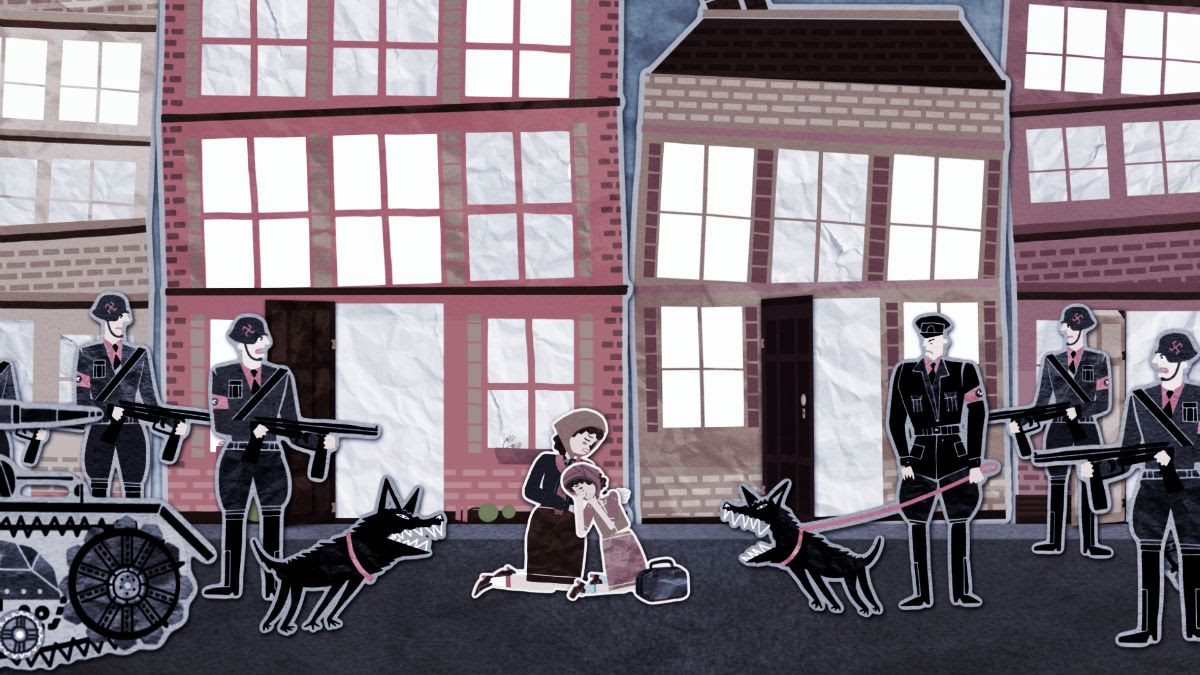cut out art image of part of Sonia's story. She is a little girl with a woman surrounded by SS officers. 