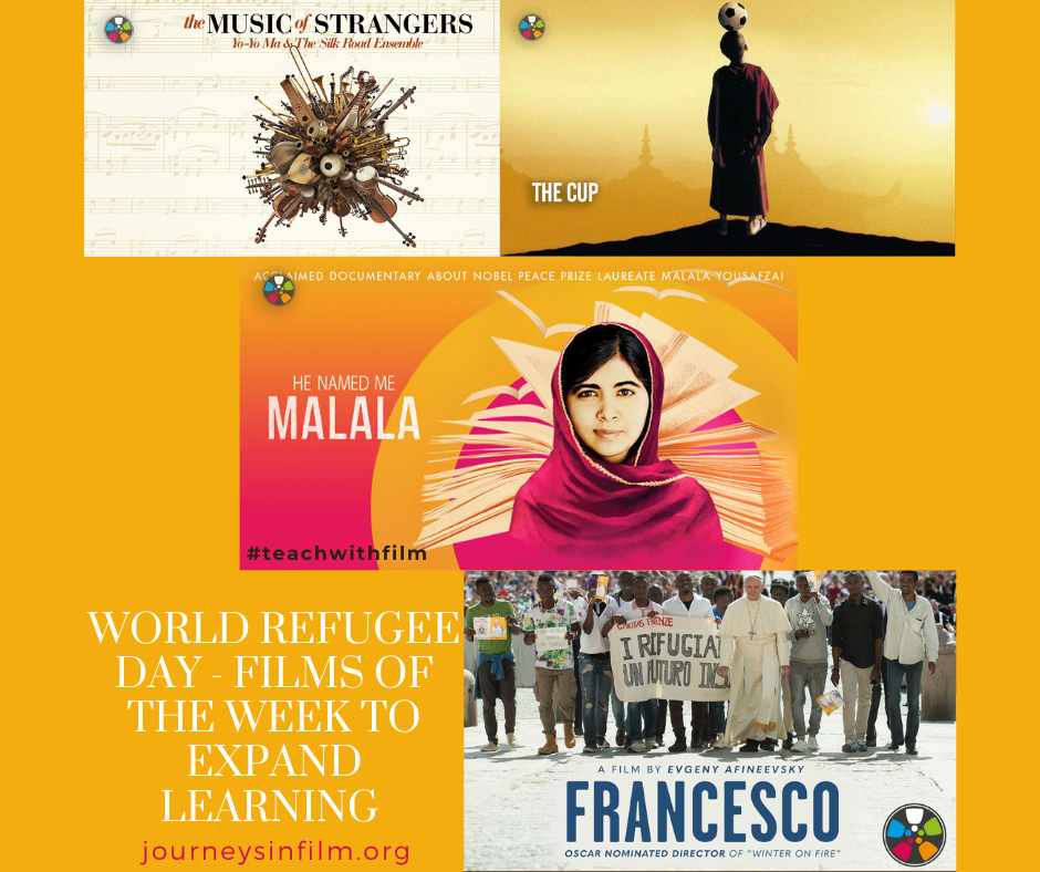 Collage of movie posters for World Refugee Day: Music of Strangers, The Cup, He Named Me Malala and Francesco