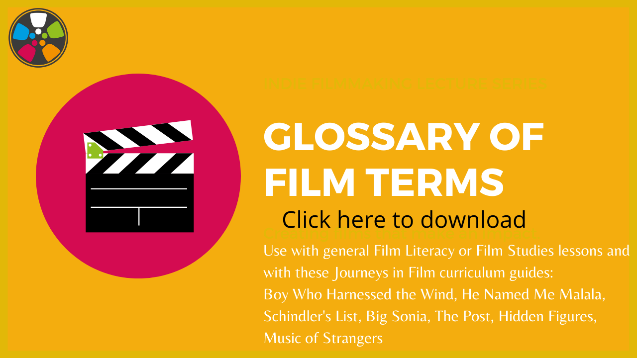 Gold background. White text: Glossary of Film Terms with details, replicated on the website, regarding which film curriculum guides this glossary is useful for.