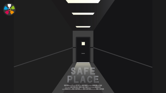 A dark hallway with a door at the end. The title of the film, Safe Place, falls in the shadow of that hallway.