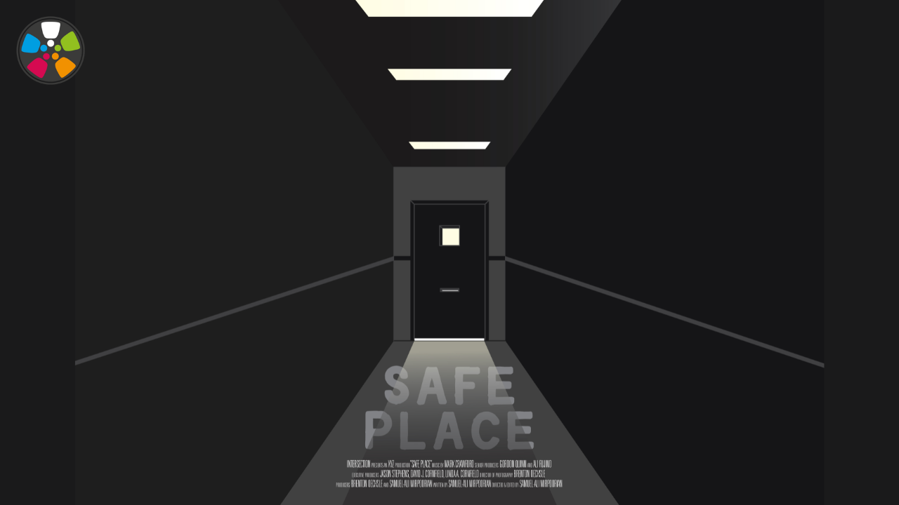 A dark hallway with a door at the end. The title of the film, Safe Place, falls in the shadow of that hallway.
