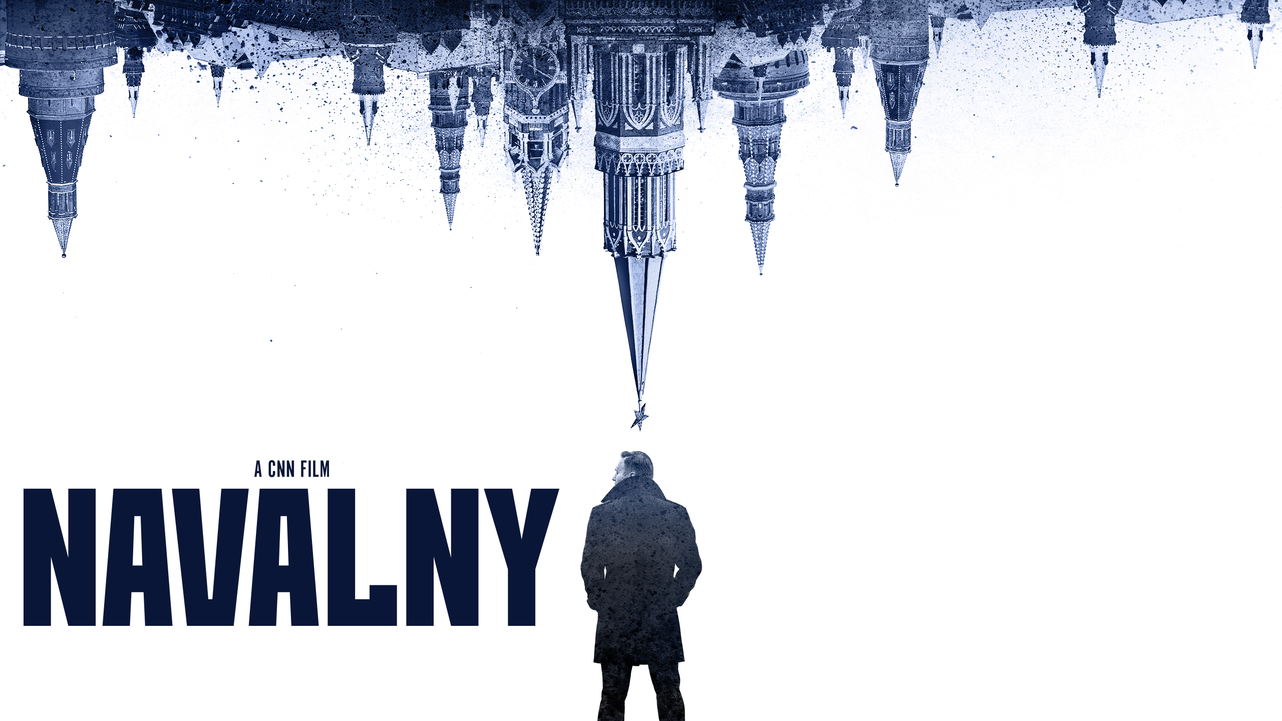 Navalny film poster. Russian buildings, upside down, the back of a man in black coat underneath those buildings. Text: Navalny to the left of the man.