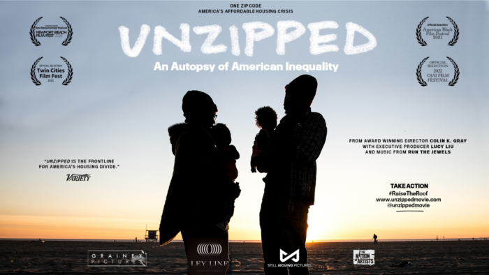 UNZIPPED film poster. Family in silhouette in foreground. Venice at sunset in background. Film title across the top. Film festival laurels upper right and left hand corners.