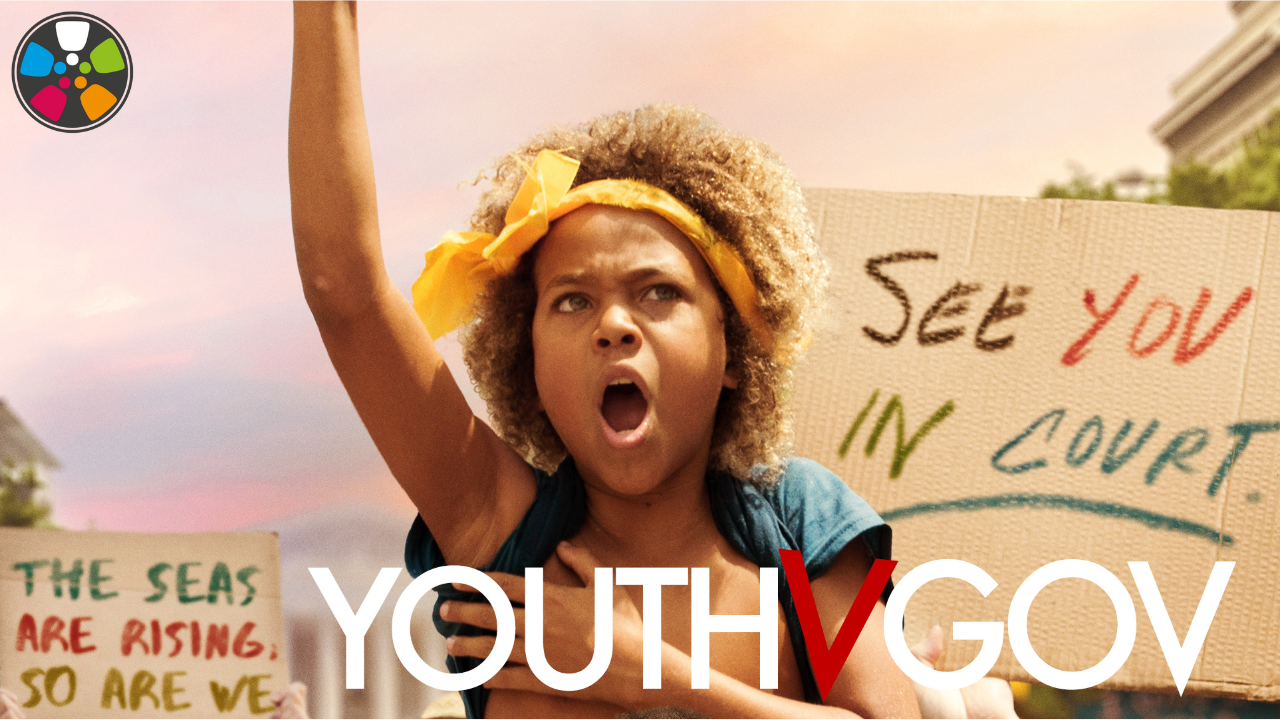 Youth v Gov movie poster. A light-skinned Black boy raises his fist in the air at a protest. Text reads: YOUTH v GOV, the words youth and gov are all caps and in white, the v is lower case and in red.