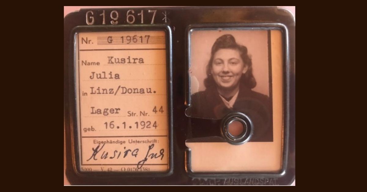Julia Kusira's fake ID. Text is on the left and a sepia-toned ID photo is on the right. It shows a smiling young Jewish woman.