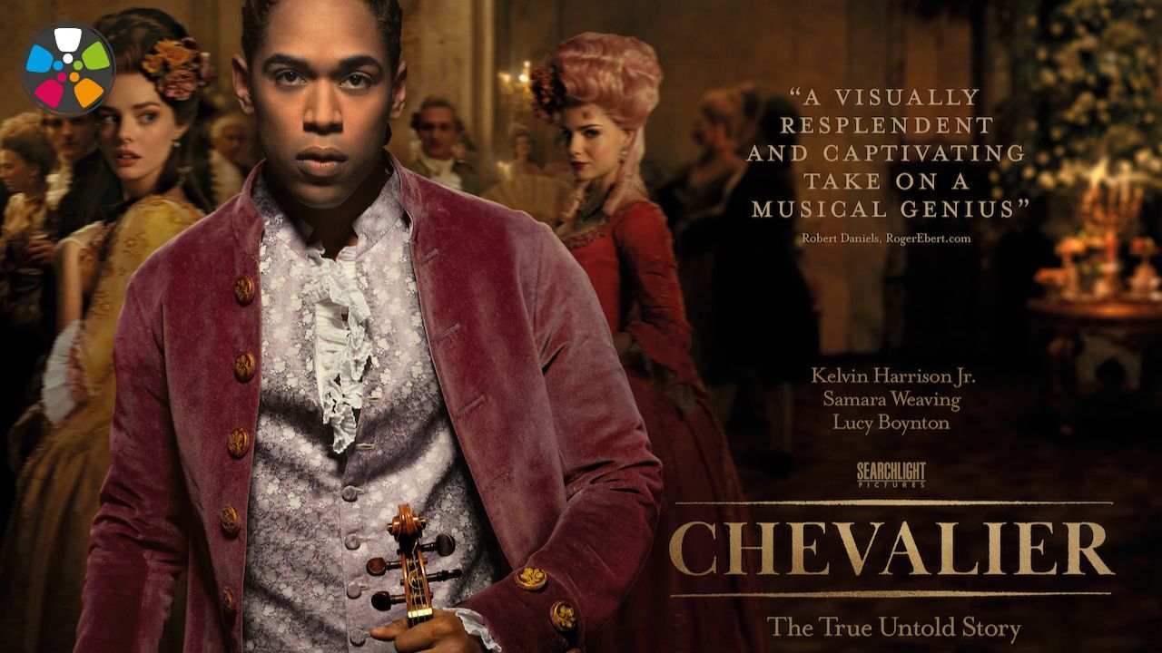 Detail from the film poster for Chevalier, showing the title character, Joseph de Bologne, Chevalier de Saints-George, a Black French courtier. He wears a plum colored 18th century French jacket over a brocade vest and ruffled shirt, and holds a violin.