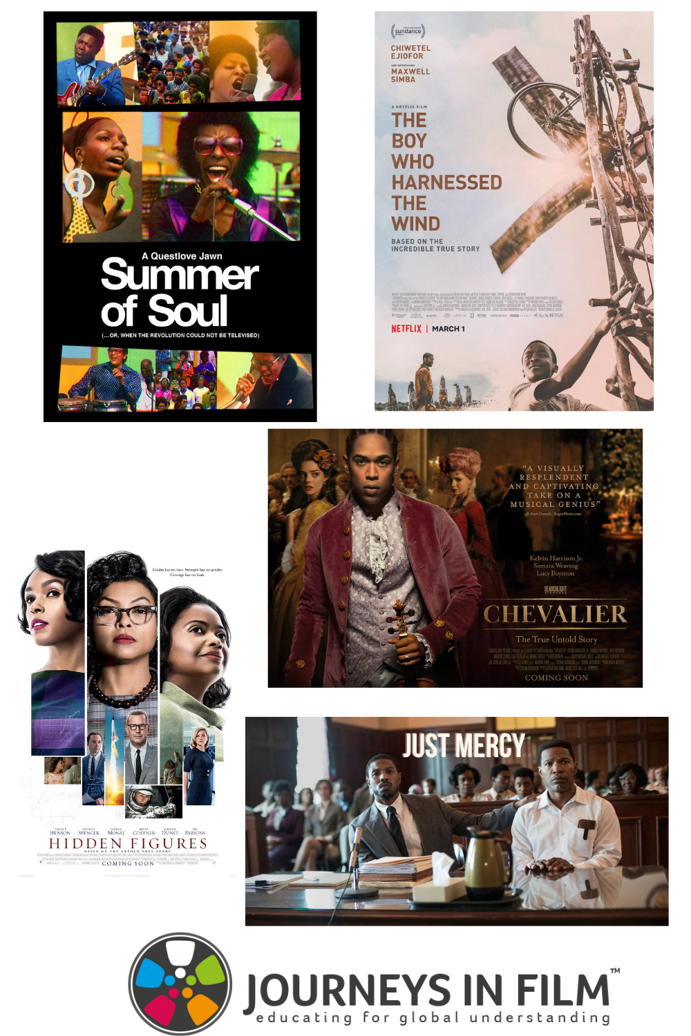 White background with various movie posters on it: Summer of Soul, The Boy Who Harnessed the Wind, Chevalier, Hidden Figures and Justice Mercy. Journeys in Film logo at the bottom. 
