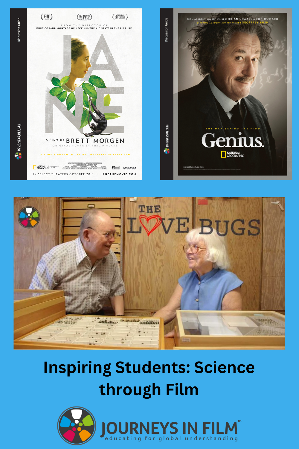 Light blue background with three movie posters: Jane, Genius and Love Bugs. Text, center, lower third, reads: Inspiring Students: Science Through Film. Journeys in Film logo across the bottom. 