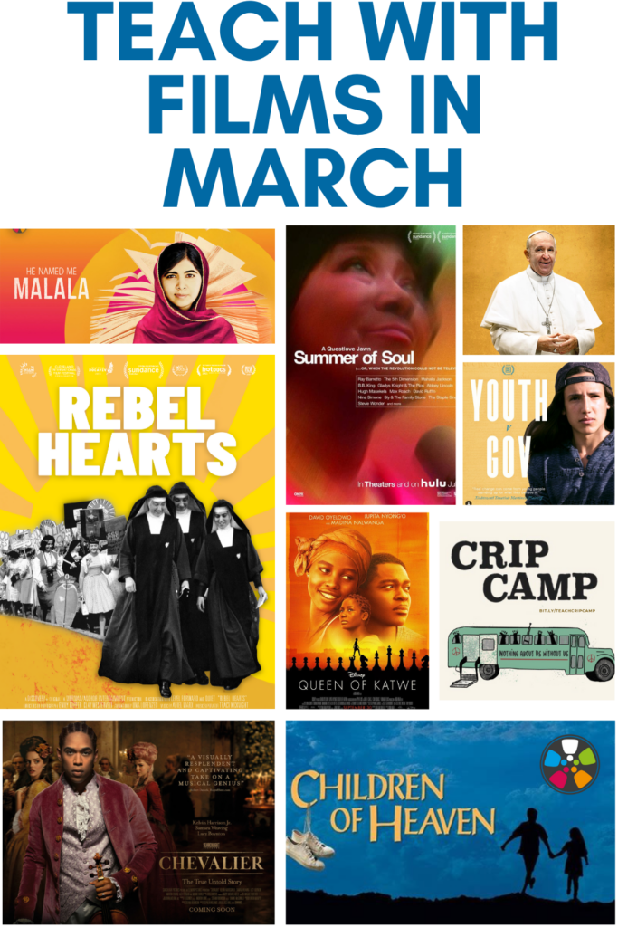 Text across the top reads: Teach with Film in March. A collage of movie posters is below.
