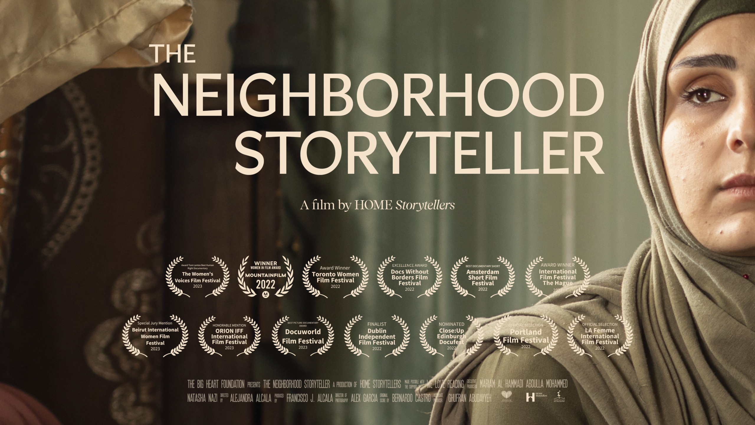 Movie poster image featuring a Muslim woman in a hijab at the edge of the frame. Film title across the center of the image reads: The Neighborhood Storyteller. Several film festival laurels are below the title.