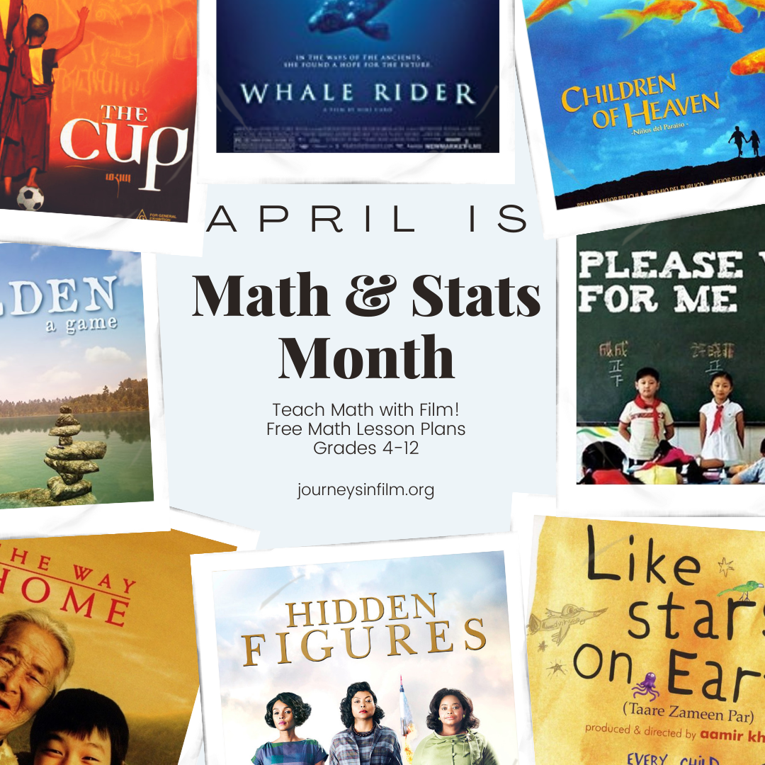 Center text: April is Math & Stats Month. Teach Math with Film! Free Math Lessons Plans grades 4-12. Around the outside of the image various movie posters are visible. 