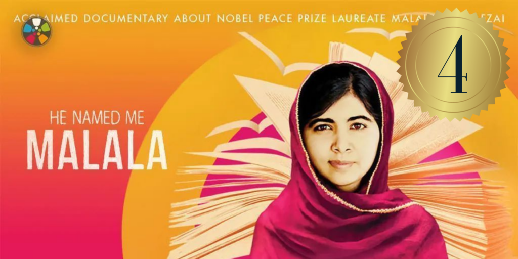 He Named Me Malala film poster: abstract art behind Malala that emulates a sunrise, a hot pink circle with a yellow circle band behind it and orange and pink shadings behind it. A large book splays open behind her as well, with pages spread out and a few pages lifting off like birds. Malala is a Pakistani young woman wearing a deep pink head scarf. She has brown hair and eyes. Text reads: He Named Me Malala.