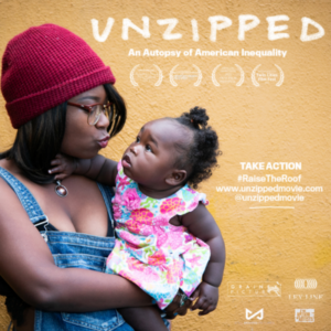 Poster for Unzipped, showing a Black woman in a red knit cap and blue denim ovralls making a face at an adorable Black baby girl in a bright flower-print sundress.