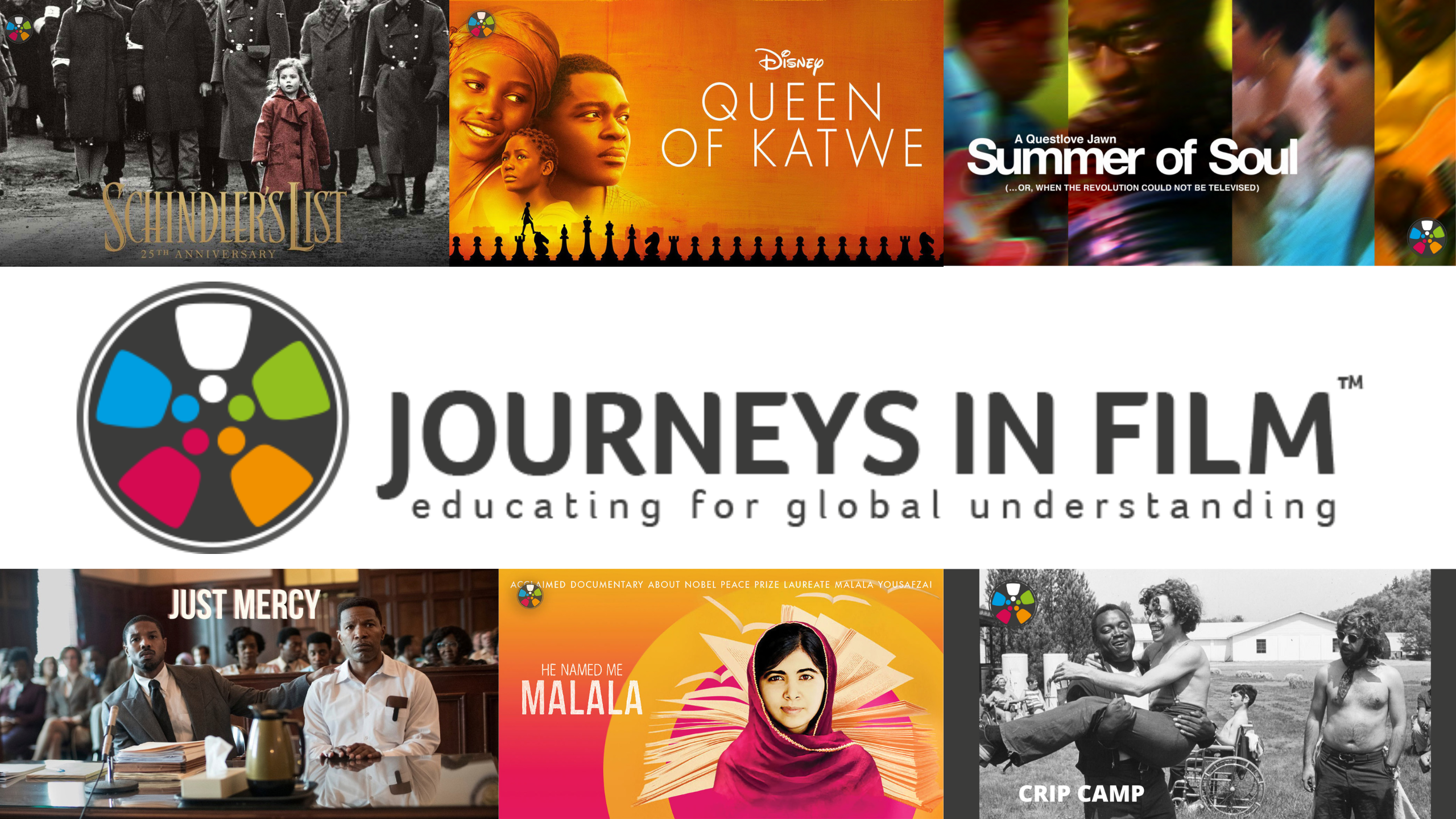 Journeys in Film banner image with the logo in the center. Movie posters across the top and bottom.