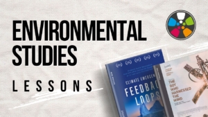 Bold black text over a white background says: "Environmental Studies Lessons". In the bottom right corner there are teaching guide covers for Climate Emergency: Feedback Loops and The Boy Who Harnessed The Wind. The Journeys in Film logo is in the top right corner.