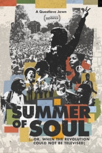 Film poster for Summer of Soul, illustrated with a collage of iconic Black musicians of the 1960s.