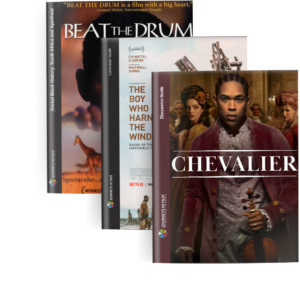 Collage of Journeys in Film film guide covers for Beat the Drum, The Boy Who Harnessed The Wind, and Chevalier.