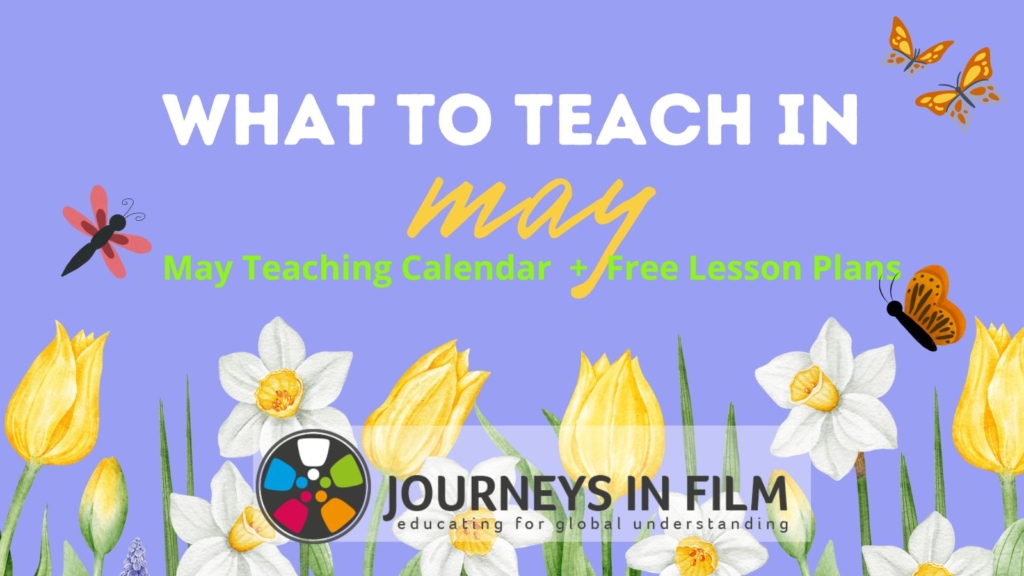 Illustrations of daffodils and tulips over a light purple background. Text says: "What to Teach in May: May Teaching Calendar and Lesson Plans."