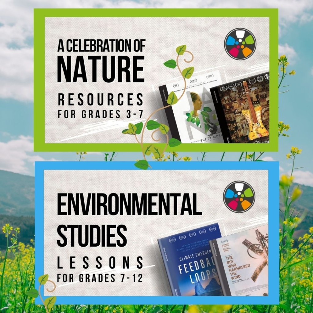 Background nature landscape photograph, showing small yellow wildflowers in the foreground, in front of rolling hills under a blue and white sky. In the middle are two signs: "A Celebration of Nature Resources for Grades 3-7", and "Environmental Studies Lessons, for Grades 7-12".