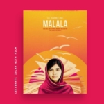 The poster for He Named Me Malala appears over a hot pink background. The poster shows Malala as a young girl in a deep pink headscarf over an illustration of an open book whose pages turn into birds and fly away. White vertical text on the side says: "Celebrate Islam with Film."