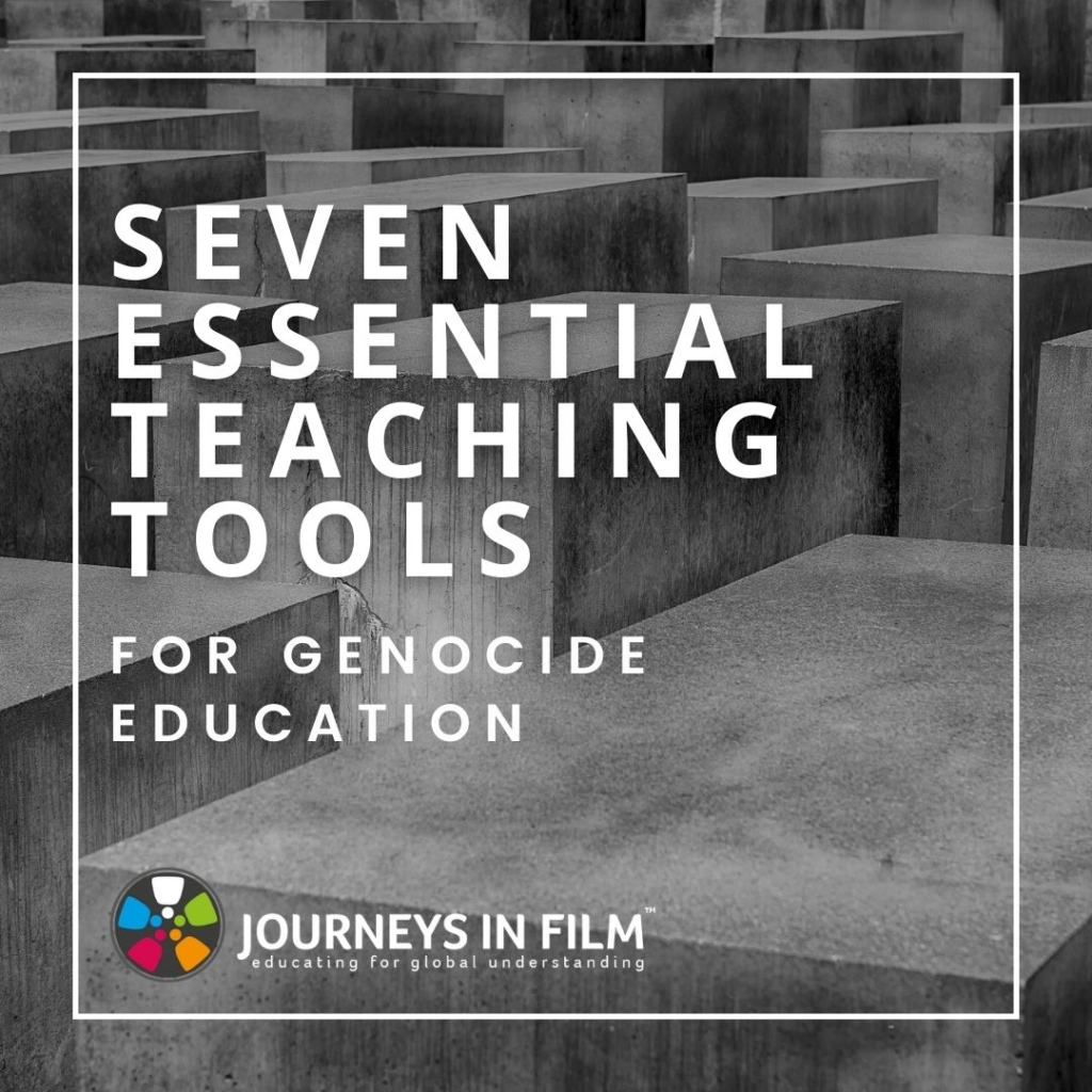 Black and white photo of concrete slabs at the Memorial to the Murdered Jews of Europe in Berlin. White text says: "Seven Essential Teaching Tools For Genocide Education. Journeys in Film."