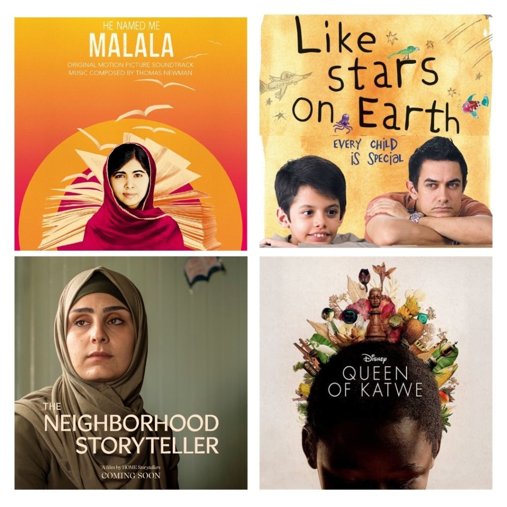 collage of film posters for He Named Me Malala, Like Stars on Earth, The Neighborhood Storyteller, and Queen of Katwe.