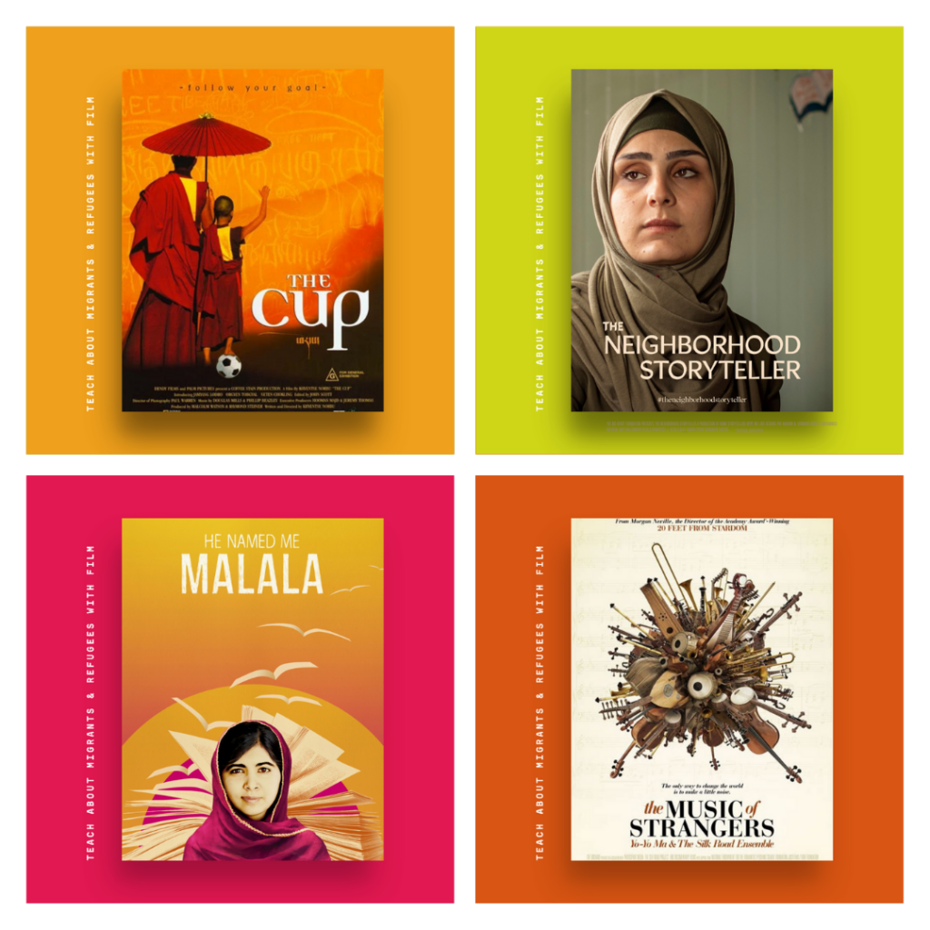 Collage of film posters over colorful backgrounds for The Cup, The Neighborhood Storyteller, The Music of Strangers, and He Named Me Malala.