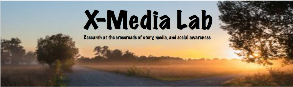 A golden sunset over a road crossing a tree-lined field. Text says: "Harvard X-Media Lab: Research at the crossroads of story, media and social awareness."