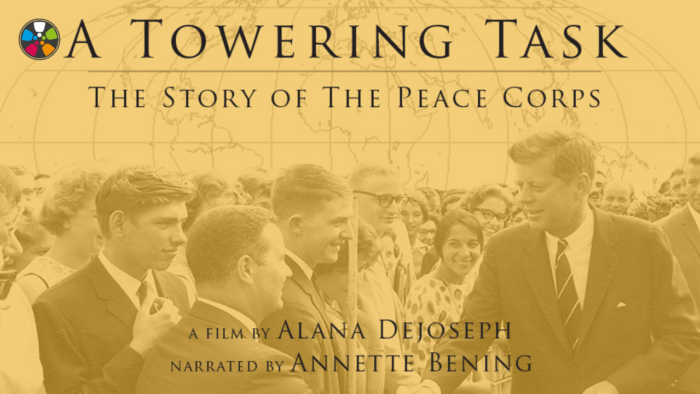 Detail from the film poster for A Towering Task. A yellow-washed black-and-white photo shows president Kennedy shaking hands with a group of young people in the early 1960. Text says: "A Towering Task. The Story of the Peace Corps. Directed by Alana DeJoseph. Narrated by Annette Benning.