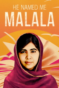 Detail from the film poster for He Named Me Malala. It shows a close-up portrait of Malala Yousafzai, a young Pakistani woman in a deep pink head scarf.