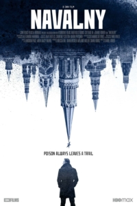 Film poster for Navalny, showing a silhouette of Alexei Navalny, his collar turned up, facing left. At the top, the skyline of the Moscow Kremlin hangs upside-down in an ominous mirror image. The star-capped Vodovzvodnaya Tower points down directly at Navalny’s head. Text says: "Poison always leaves a trail."