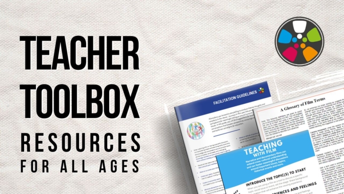 Black text over a textured white background says: "Teacher Toolbox: Resources for all ages." In the bottom right corner, there are three handouts: Facilitation Guidelines, a Glossary of Film Terms, and Tips for Teaching with Film. The Journeys in Film logo of a colorful, illustrated film reel is in the top left corner.