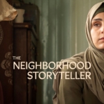 Detail from the film poster for The Neighborhood Storyteller, showing Asmaa Rashed, a young Syrian refugee woman, in a khaki headscarf, looking off camera.