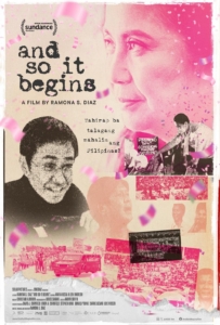 The official film poster for "And So It Begins". The poster is in shades of pink and pale yellow with pink or black-and-white images, including headshots of Maria Ressa (left, black and white) and Leni Robredo (right, pink). In the top left corner, text says: "And So It Begins. A film by Ramona S. Diaz". 