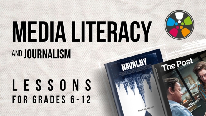 Light background. Black text reads: Media Literacy and Journalism lessons for Grades 6-12. Journeys in Film logo upper right hand corner. Movie posters for Navalny and The Post are visible