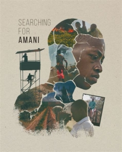Official film poster for Searching for Amani. The main image is a 13-year-old African boy, Simon, shown in profile. His face is made up of a collage of images from the film, including: nature scenes, Simon with a camera, and Simon with his best friend. His face is shown clearly, downcast with a serious expression. The title is in the top left corner.