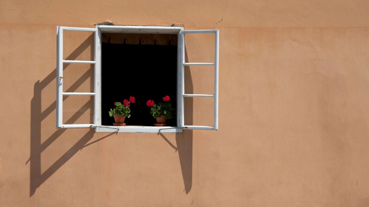 Photo of an open window set in an adobe wall. Terracotta pots of red geraniums sit on the window ledge. The image is warm and inviiting.