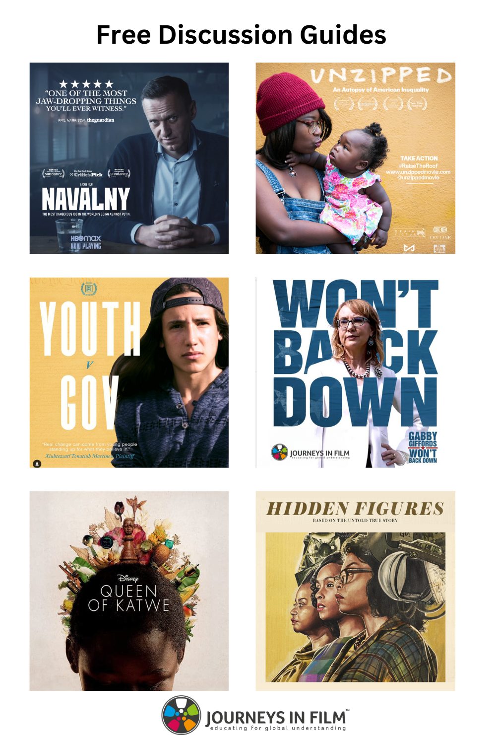 Grid arranged movie posters, 2 across, 3 down for a total of 6 movie poster. Posters for Navalny, Unzipped, Youth v Gov, Gabby Giffords Won't Back Down, Queen of Katwe and Hidden Figures. Each of the image features prominently key figures from the films and the title of the film.