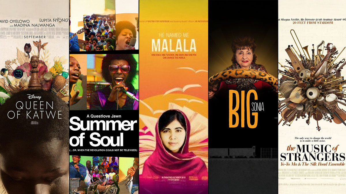 Banner image featuring the following movie posters: Queen of Katwe, Summer of Soul, He Named Me Malala, Big Sonia, The Music of Strangers