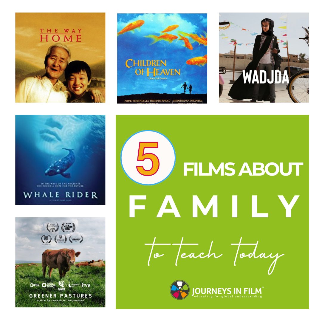 Collage of film posters for The Way Home, Children of Heaven, Wadjda, Whale Rider, and Greener Pastures. Additional text says: "Five Films About Family to Teach Today. Journeys in Film."