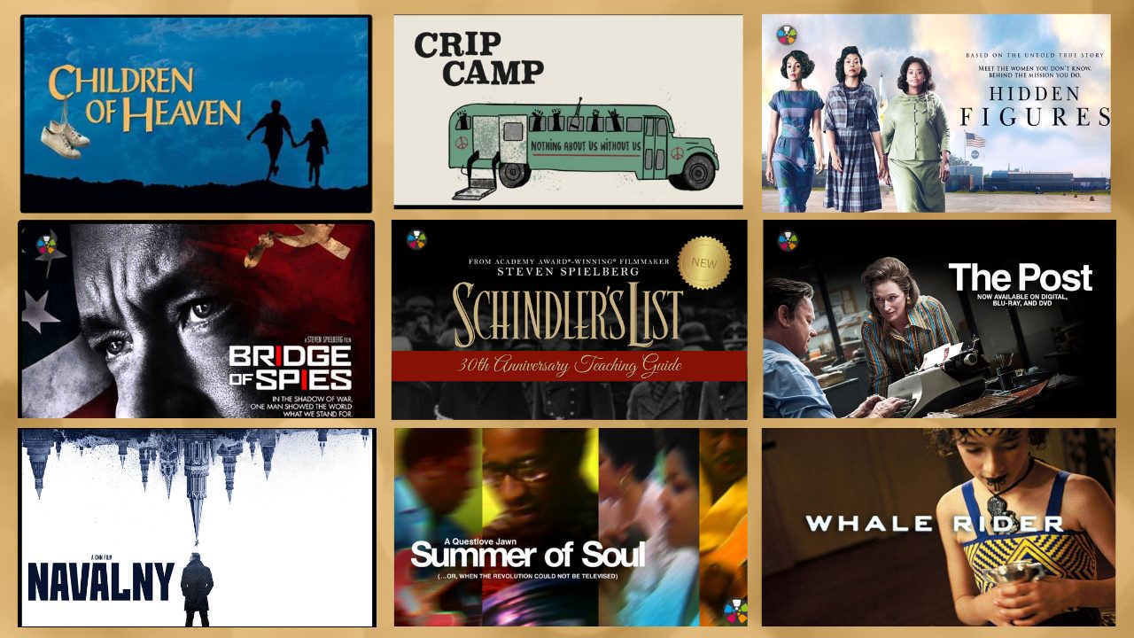 A collage of poster details from Oscar-winning and Oscar-nominated films: Children of Heaven, Crip Camp, Hidden Figures, Bridge of Spies, Schindler’s List, The Post, Navalny, Summer of Soul, and Whale Rider.